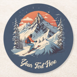  Bergdennen Skiën sinaasappel Zonsondergang Ronde Kartonnen Onderzetter