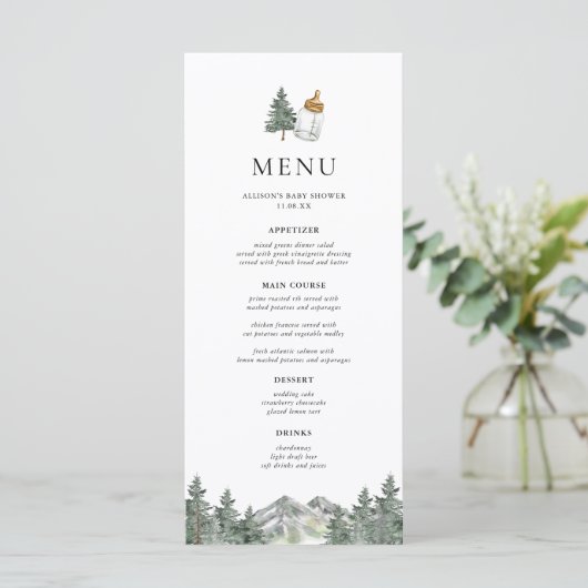 Bergdennenboom Winter Baby Shower Menu (Staand voorkant)