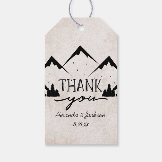 Bergen avontuur begint bruiloft dank u cadeaulabel (Achterkant)