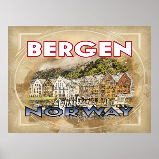 Bergen, bezoek Noorwegen Poster (Voorkant)