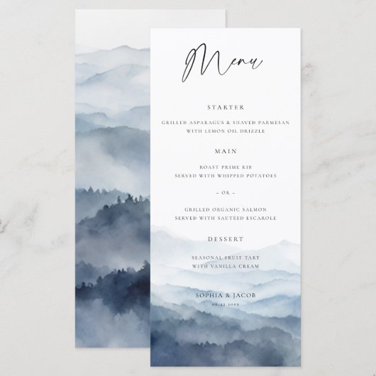 Bergen Blauw Ridge Mistig Modern Huwelijk Menu (Voorkant / Achterkant)