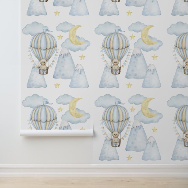 Bergen Blauwe Hete Luchtballon Beer Maanwolken Behang (Applicatie)