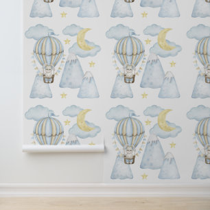 Bergen Blauwe Hete Luchtballon Bunny Maanwolken Behang