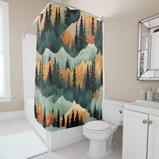 Bergen Bomen Groene en Oranje Natuur Douchegordijn (In situ)
