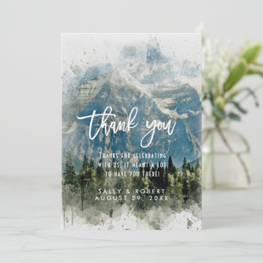 bergen bos rustieke huwelijksfeest bedankkaart (Staand voorkant)