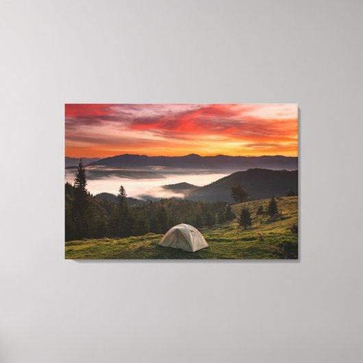 Bergen | Camping Foggy Sunrise Canvas Afdruk (Voorkant)