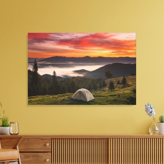 Bergen | Camping Foggy Sunrise Canvas Afdruk (Insitu (Woonkamer))