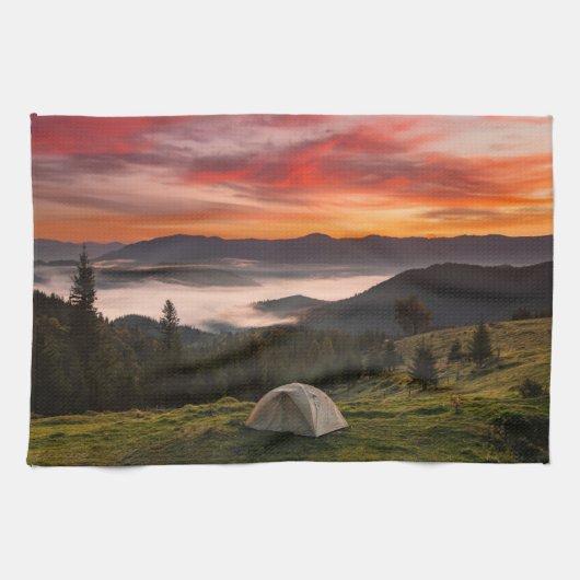 Bergen | Camping Foggy Sunrise Theedoek (Horizontaal)
