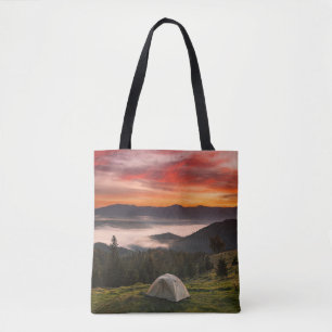 Bergen Camping Foggy Sunrise Tote Bag