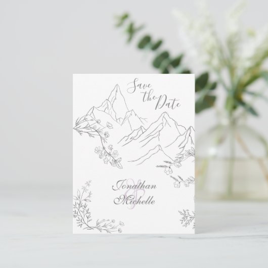 bergen en bloemen sparen de datum bruiloft aankondigingskaart (Staand voorkant)