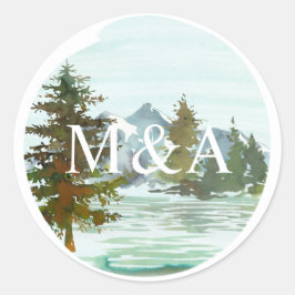 Bergen en bomen Rustic Monogram Ronde Sticker