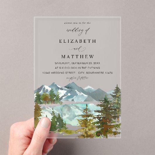 Bergen en bomen rustieke bruiloft v2 acryl uitnodigingen (Insitu (Draagbaar))