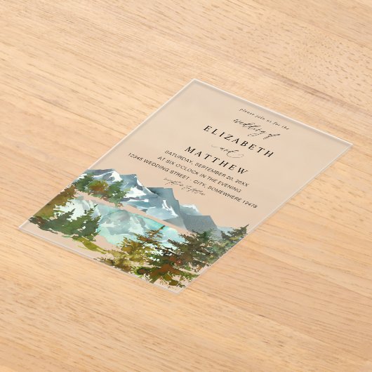 Bergen en bomen rustieke bruiloft v2 acryl uitnodigingen (Laagn)