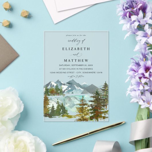 Bergen en bomen rustieke bruiloft v2 acryl uitnodigingen (Insitu (Huwelijk))