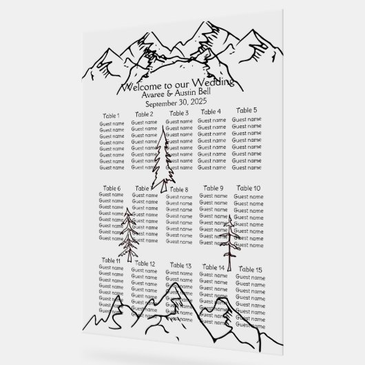 Bergen en bomen schetsen bruiloft zitkaart acryl bord (Hoek)