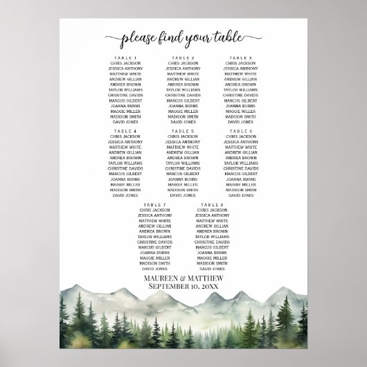 Bergen en dennen 8 Tafels Trouwstoelen Poster (Voorkant)