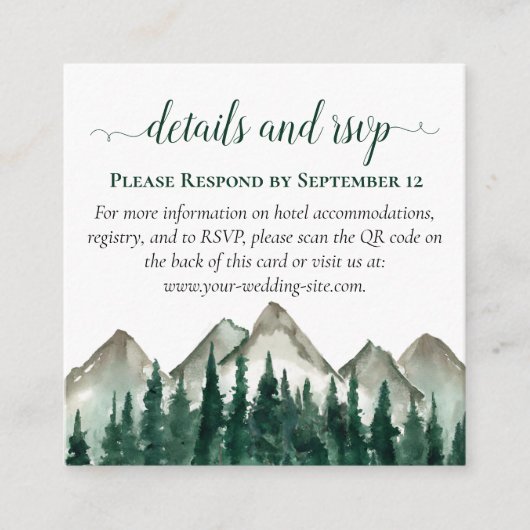 Bergen en dennen bruiloft details & RSVP QR-code Informatiekaartje (Voorkant)