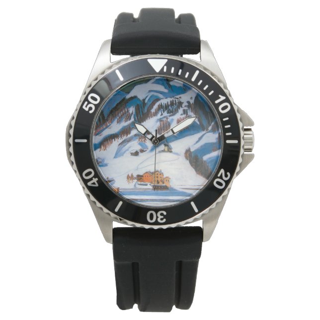 Bergen en huizen in het sneeuwlandschap horloge (Voorkant)
