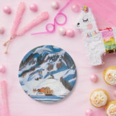 Bergen en huizen in het sneeuwlandschap papieren bordje (Feest)