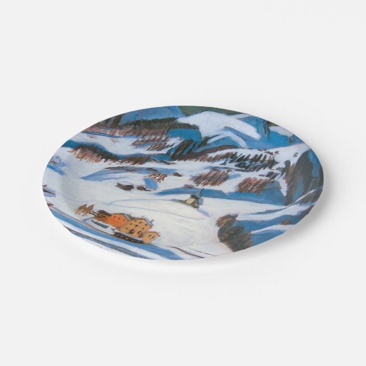 Bergen en huizen in het sneeuwlandschap papieren bordje (Gekanteld)