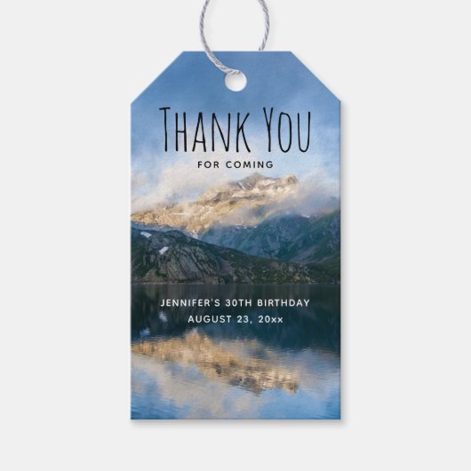 Bergen en Lake Natuur Verjaardag Dank u Cadeaulabel (Voorkant)