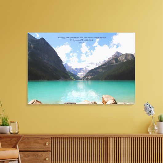 Bergen en meer Landschap Foto Psalm 121 Canvas Afdruk (Insitu (Woonkamer))