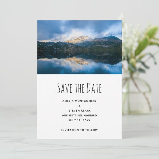 Bergen en meer Schilderachtig Natuur bruiloft Save The Date (Staand voorkant)