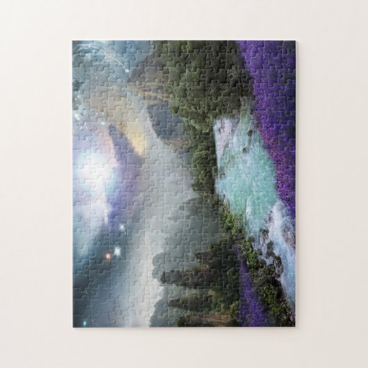 Bergen en streamen met paarse bloemen Foto Legpuzzel (Verticaal)