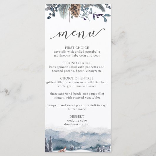 Bergen en vos, menu Rustic Blue Floral Wedding (Voorkant)