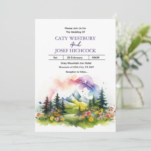 Bergen en Wildbloemen Landschap Bruiloft Invita Kaart (Staand voorkant)