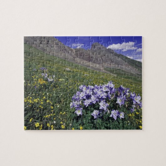 Bergen en wilde bloemen in alpenwei, blauw legpuzzel (Horizontaal)