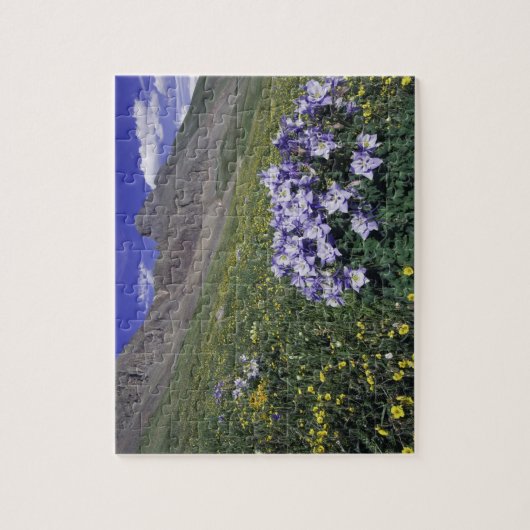 Bergen en wilde bloemen in alpenwei, blauw legpuzzel (Verticaal)