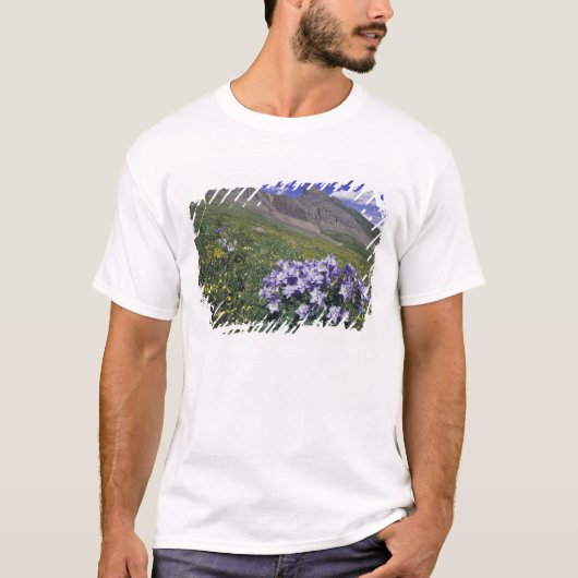 Bergen en wilde bloemen in alpenwei, blauw t-shirt (Voorkant)