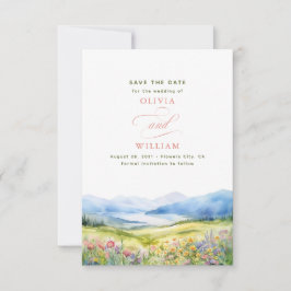 Bergen en wilde bloemen kleine bruiloft save the date