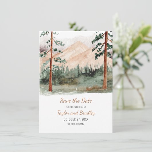 bergen Fog Spruce Pine Trees Rustic Save The Date (Staand voorkant)