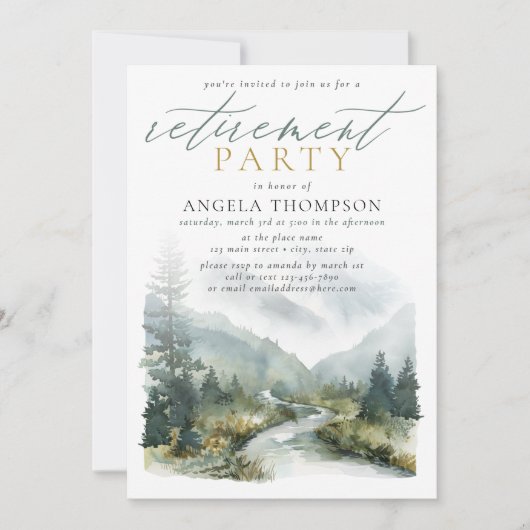 Bergen Groene Waterverf Eenvoudige Pensioenfeest Kaart (Voorkant)