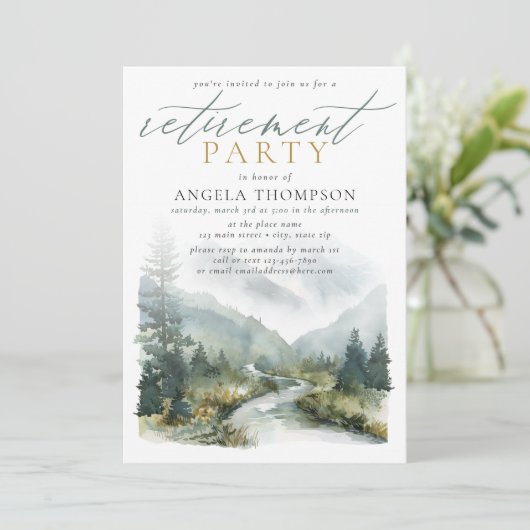 Bergen Groene Waterverf Eenvoudige Pensioenfeest Kaart (Staand voorkant)