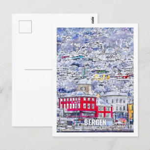Bergen Hordaland Norway Travel Place Waterverf Briefkaart
