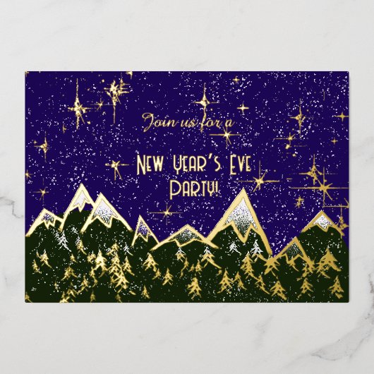 Bergen in de nacht - Oudejaarsfeest goud Folie Uitnodiging (Voorkant)