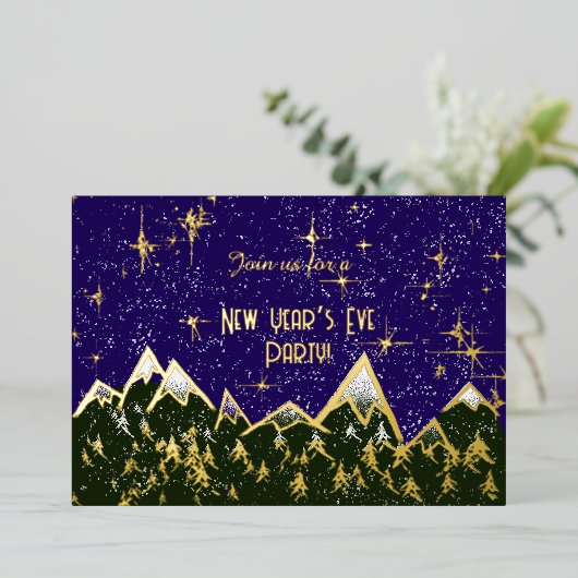 Bergen in de nacht - Oudejaarsfeest goud Folie Uitnodiging (Staand Voorkant)