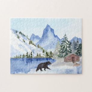 Bergen, meer, bomen, cabine, winterscene van Beer Legpuzzel