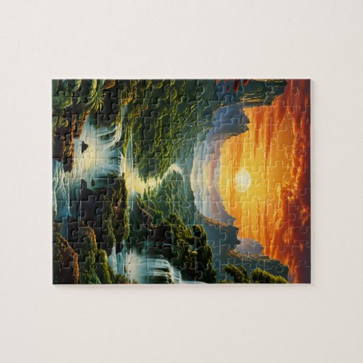 Bergen met watervallen en gloeiende zonneschijf legpuzzel (Horizontaal)