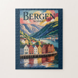 Bergen Noorwegen Illustratie Reis Kunst Vintage Legpuzzel