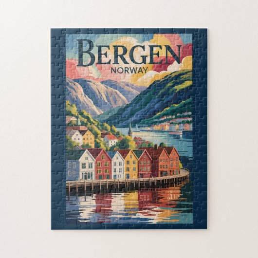 Bergen Noorwegen Illustratie Reis Kunst Vintage Legpuzzel (Verticaal)