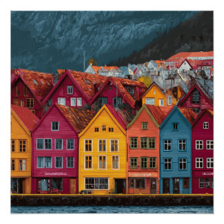 Bergen Noorwegen Kleine Kustnederzetting Vintage  Perfect Poster