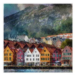 Bergen Noorwegen Mooie Kleurrijke Huizen Vintage  Perfect Poster
