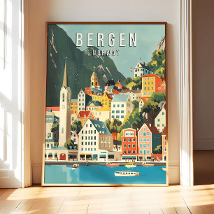 Bergen Noorwegen Poster Kunstprint, Stad Retro Vin