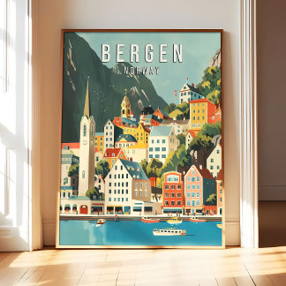 Bergen Noorwegen Poster Kunstprint, Stad Retro Vin