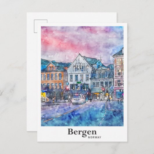 Bergen Noorwegen Reizen Waterverf Schets Hand gete Briefkaart (Voorkant / Achterkant)
