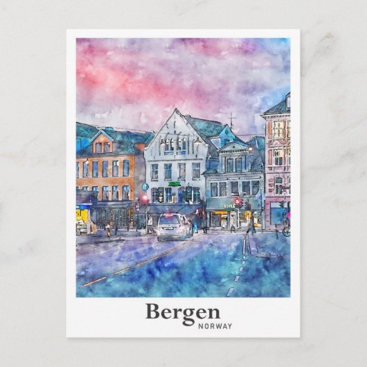 Bergen Noorwegen Reizen Waterverf Schets Hand gete Briefkaart (Voorkant)